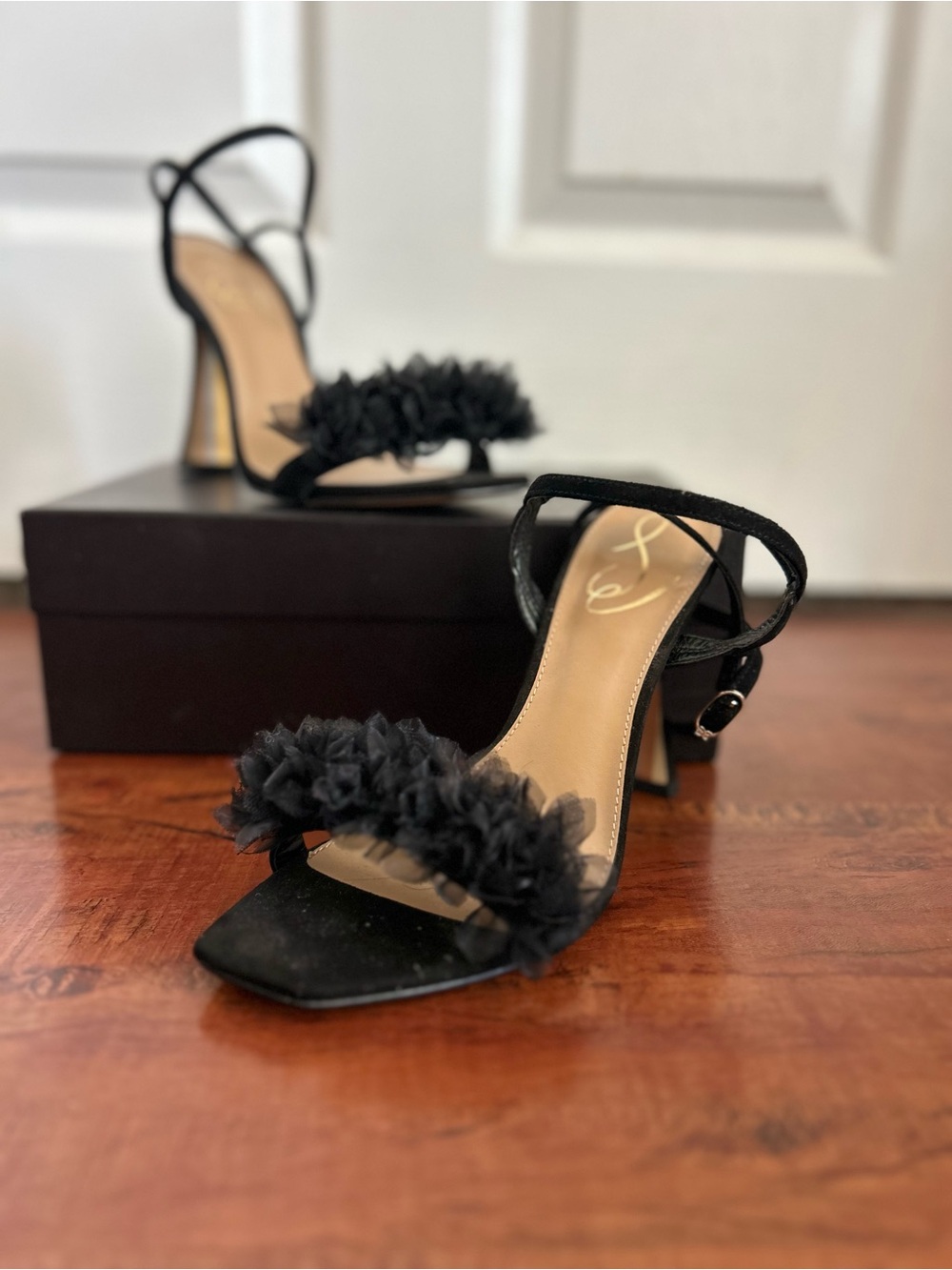 Sam Edelman Black Floral Tulle Strap Block Heel Sandals